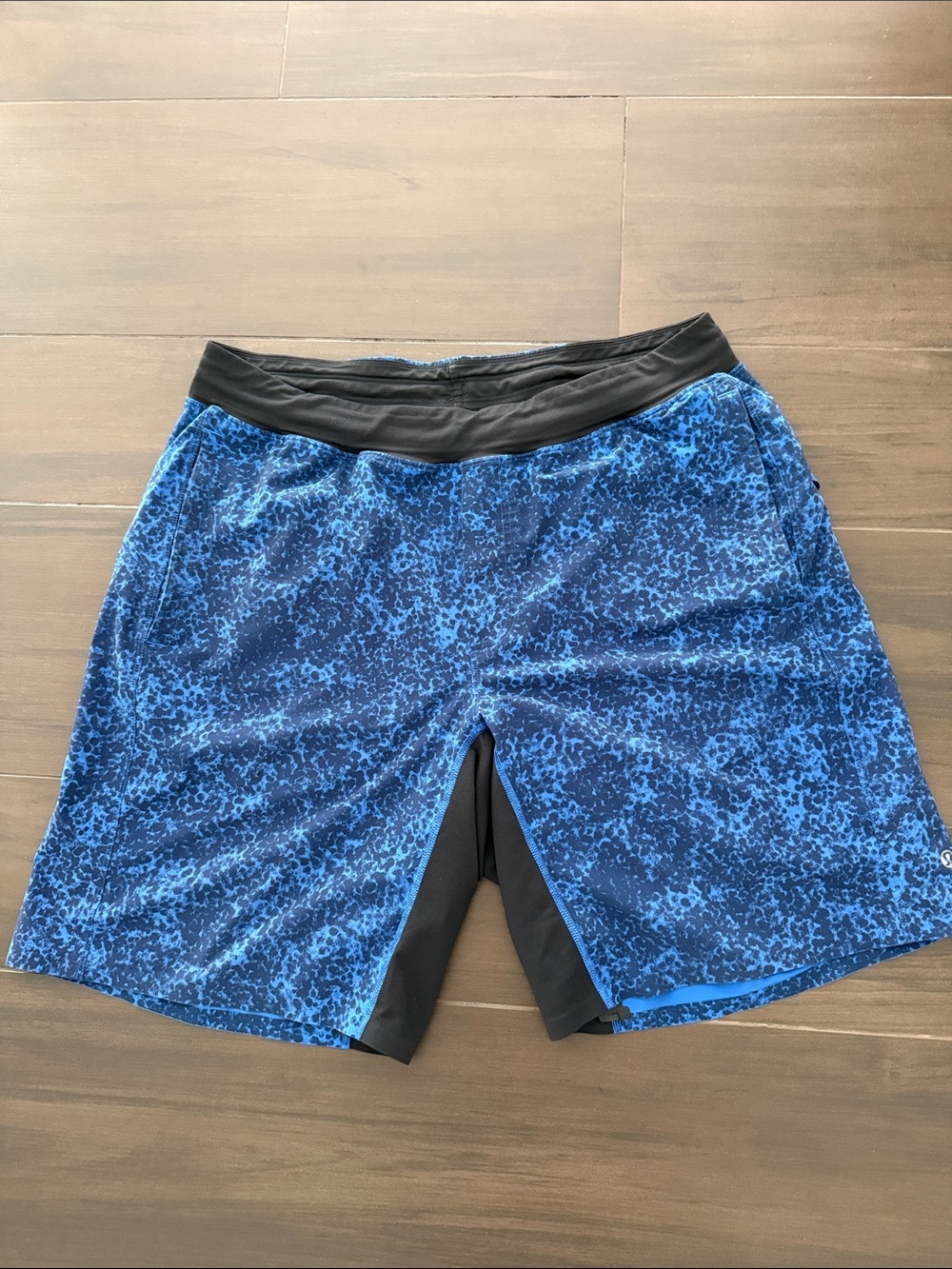 Lululemon Men's Blue Patterned Shorts with Black Waistband